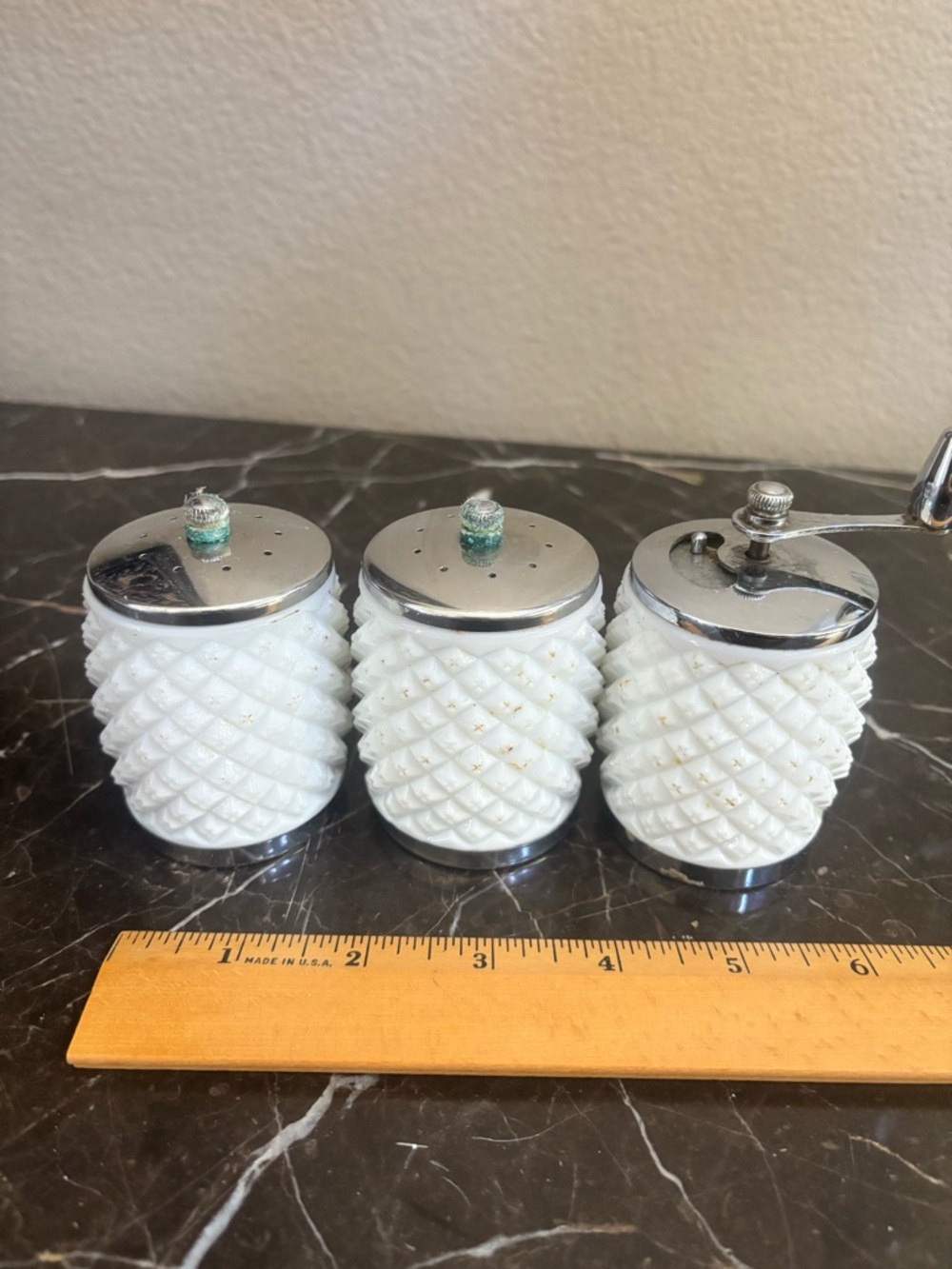 Vintage George Thompson Corporation Milk Glass 2 Salt & 1 Pepper Grinder 3" Tall